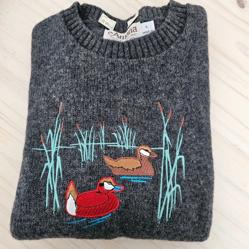 Amana Men's Grey Wool Blend Duck Embroidered Fair Isle Vintage Sweater L USA